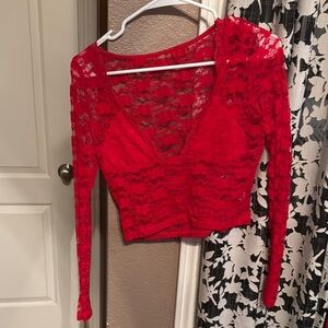 Elegant Red Lace Long Sleeve Top sheer